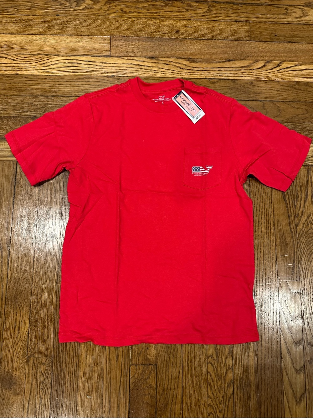 Vineyard Vines Red Short-Sleeve Pocket Tee with Flag Whale